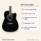 Ibanez V70CE Dreadnought Cutaway Acoustic-Electric Guitar Black key features dreadnought body select spruce top mahogany back and sides mahogany neck built-in pickup and preamp