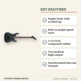 Jackson JS22 DKA Dinky Arch Top Electric Guitar Satin Black key features poplar body with arched top bolt-on maple speed neck 12 to 16 in compound-radius two jackson high-output synchronized fulcrum tremolo