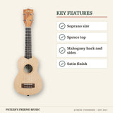 Kala KA-15S-S Satin Spruce Top Mahogany Soprano Ukulele key features soprano size spruce top mahogany back and sides satin finish