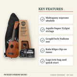 Kala Learn To Play Soprano Ukulele Starter Kit key features mahogany soprano ukulele aquila super nylgut strings graphtech nubone nut kala klipz clip-on tuner logo tote bag and quick start