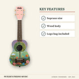 Kala Ukadelic Uketopia Soprano Ukulele with Tote Bag key features soprano size wood body logo bag included