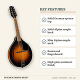 Kentucky KM-150 Standard A-Style Mandolin with Gig Bag Vintage Sunburst key features solid german spruce top solid alpine maple back slim alpine maple neck rosewood fingerboard high-gloss sunburst finish