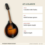 Kentucky KM-150 Standard A-Style Mandolin with Gig Bag Vintage Sunburst at a glance style top back & sides neck