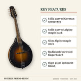 Kentucky KM-250 Deluxe A-Style Mandolin with Gig Bag Vintage Sunburst key features solid carved german spruce top solid carved alpine maple back slim alpine maple neck radiused rosewood fingerboard high-gloss sunburst finish