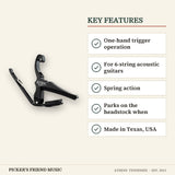 Kyser Quick-Change Acoustic Guitar Capo Black key features one-hand trigger operation for 6-string acoustic guitars spring action parks on the headstock when made in texas usa