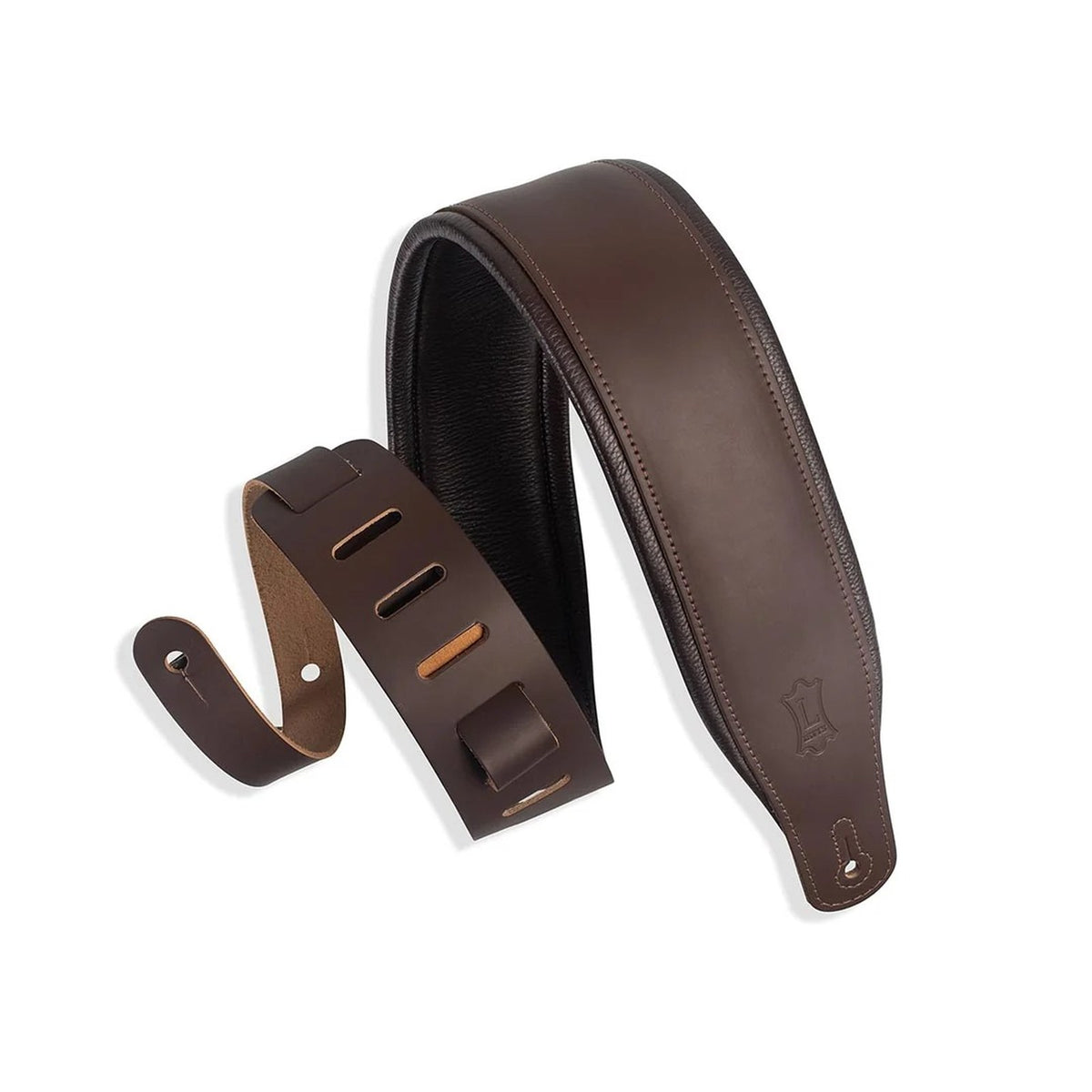 Levy's M26PD 3 Inch Padded Top Grain Leather Guitar Strap Dark Brown on white background
