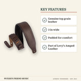 Levy's M26PD 3 Inch Padded Top Grain Leather Guitar Strap Dark Brown key features genuine top grain leather 3 in wide padded for comfort part of levy's amped leather