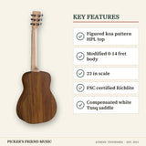 Martin LXK2 Little Martin Koa Pattern Acoustic Guitar with Gig Bag key features figured koa pattern hpl top modified 0-14 fret body 23 in scale fsc certified richlite compensated white tusq saddle