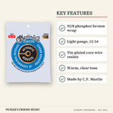 Martin MA540 Authentic Acoustic SP Phosphor Bronze Guitar Strings Light 12-54 key features 92/8 phosphor bronze wrap light gauge 12-54 tin-plated core wire resists warm clear tone made by c.f. martin