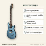 PRS SE CE24 Standard Satin Electric Guitar Ice Blue Metallic key features mahogany body bolt-on maple neck in wide rosewood fingerboard 24 frets on a 25 in scale 85/15 s humbuckers