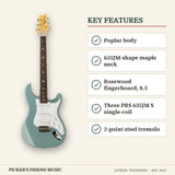 PRS SE Silver Sky Electric Guitar Stone Blue key features poplar body 635jm-shape maple neck rosewood fingerboard 8.5 three prs 635jm s single-coil 2-point steel tremolo
