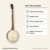Recording King Dirty 30s 5-String Open Back Banjo key features open back design maple neck remo banjo head satin finish light and easy to travel