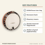 Recording King RK-R20 Songster 5-String Resonator Banjo key features rolled brass tone ring resonator back planetary tuners bound rosewood fingerboard mother-of-pearl peghead inlay