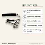 Shubb C1 Standard Steel String Guitar Capo Polished Nickel key features over-center locking lever adjustable pressure machined solid brass polished nickel finish fits most steel string guitars