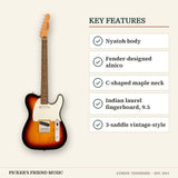 Squier Classic Vibe '60s Custom Telecaster Electric Guitar 3-Color Sunburst key features nyatoh body fender-designed alnico c-shaped maple neck indian laurel fingerboard 9.5 3-saddle vintage-style