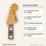 Squier Classic Vibe 70s Jaguar Electric Guitar Surf Green key features short 24 in scale length poplar body in surf green c shaped maple neck indian laurel fingerboard two fender-designed alnico