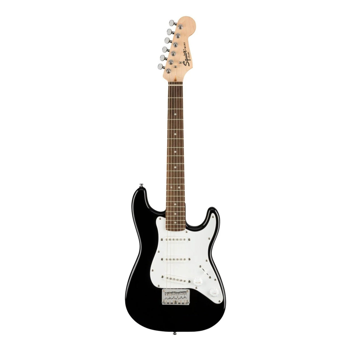 Squier Mini Stratocaster Electric Guitar Black on white background