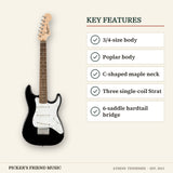 Squier Mini Stratocaster Electric Guitar Black key features 3/4-size body poplar body c-shaped maple neck three single-coil strat 6-saddle hardtail bridge