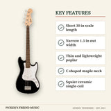 Squier Sonic Bronco Bass Black key features short 30 in scale length narrow 1.5 in nut width thin and lightweight poplar c shaped maple neck squier ceramic single-coil