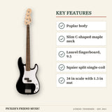 Squier Sonic Precision Bass Guitar Black key features poplar body slim c-shaped maple neck laurel fingerboard 9.5 squier split single-coil 34 in scale with 1.5 in nut