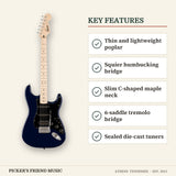 Squier Sonic Stratocaster HSS Electric Guitar Midnight Blue key features thin and lightweight poplar squier humbucking bridge slim c-shaped maple neck 6-saddle tremolo bridge sealed die-cast tuners