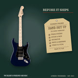 Squier Sonic Stratocaster HSS Electric Guitar Midnight Blue hand set up in Athens Tennessee before it ships