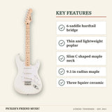 Squier Sonic Stratocaster HT Electric Guitar Arctic White key features 6-saddle hardtail bridge thin and lightweight poplar slim c shaped maple neck 9.5 in radius maple three squier ceramic