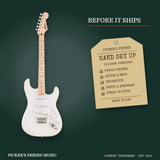Squier Sonic Stratocaster HT Electric Guitar Arctic White hand set up in Athens Tennessee before it ships