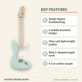 Squier Sonic Stratocaster HT H Electric Guitar Sonic Blue key features single squier humbucking 6-saddle hardtail bridge thin and lightweight poplar slim c shaped maple neck 9.5 in radius maple