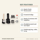 Squier Sonic Stratocaster Electric Guitar Pack with Frontman 10G Amp Black key features squier sonic stratocaster tremolo bridge squier frontman 10g amplifier headphone jack and aux input padded gig bag cable strap