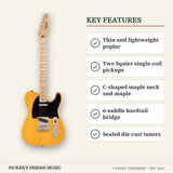 Squier Sonic Telecaster Electric Guitar Butterscotch Blonde key features thin and lightweight poplar two squier single-coil pickups c-shaped maple neck and maple 6-saddle hardtail bridge sealed die-cast tuners