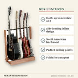 String Swing CC34 Side-Loading Hardwood Guitar Floor Rack Oak key features holds up to 6 electric or 3 side-loading inline design north american hardwood padded resting points folds for transport