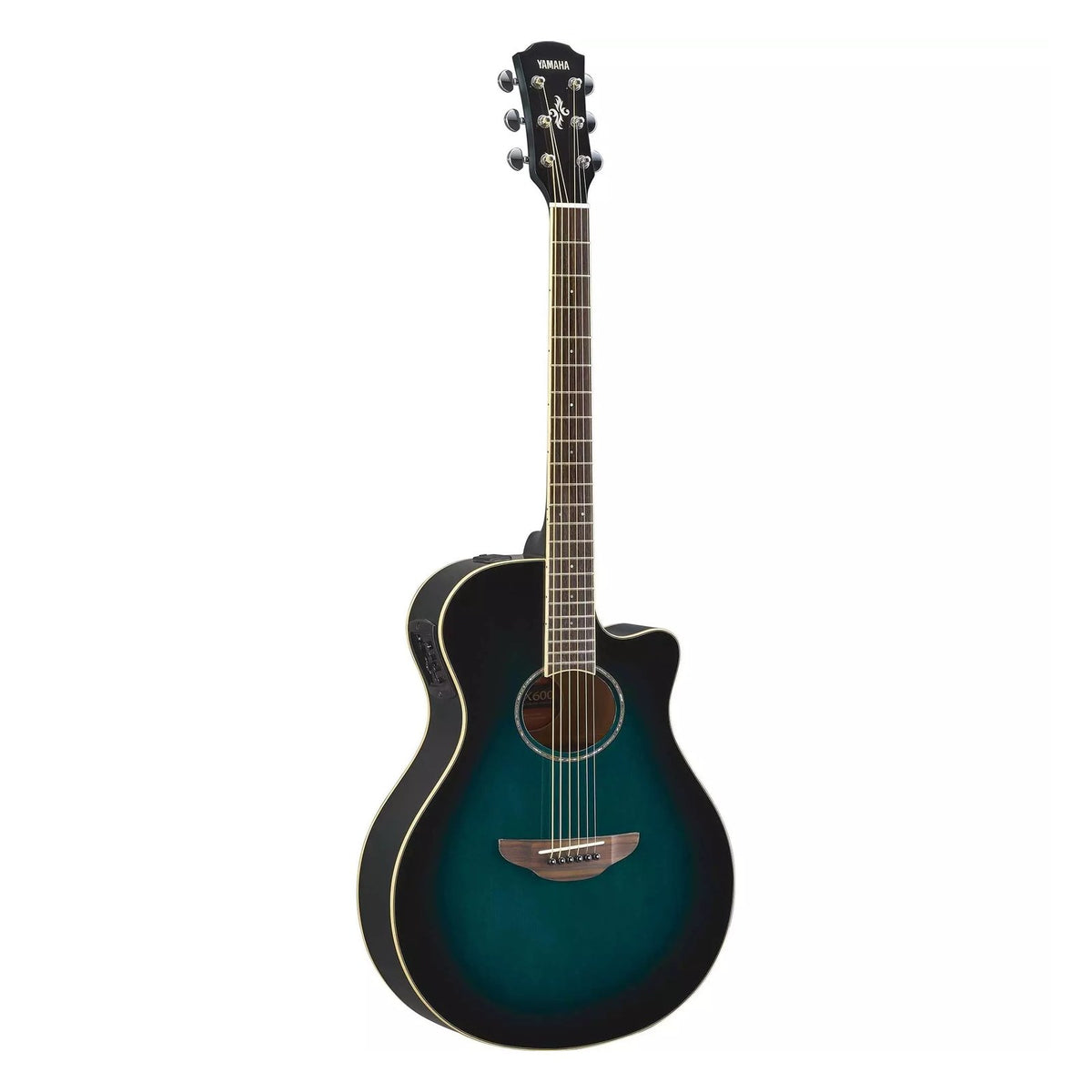 Yamaha APX600 Thinline Acoustic-Electric Guitar Oriental Blue Burst on white background