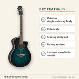 Yamaha APX600 Thinline Acoustic-Electric Guitar Oriental Blue Burst key features thinline single-cutaway body 25 in scale bracing designed pickup system abalone soundhole rosette