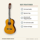 Yamaha CGS103AII 3/4-Size Classical Guitar Natural key features 3/4-size body spruce top rosewood fingerboard 22 13/16 in scale nylon strings
