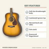 Yamaha F335 Dreadnought Acoustic Guitar Tobacco Brown Sunburst key features full-size dreadnought body laminated spruce top meranti back and sides nato neck rosewood fingerboard