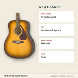 Yamaha F335 Dreadnought Acoustic Guitar Tobacco Brown Sunburst at a glance body shape top back & sides neck