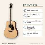 Yamaha FG830 Dreadnought Acoustic Guitar Natural key features solid spruce top rosewood back and sides nato neck with matte finish rosewood fingerboard die-cast chrome tuners