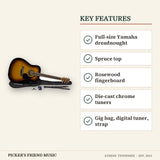 Yamaha GigMaker Standard Acoustic Guitar Pack Tobacco Brown Sunburst key features full-size yamaha dreadnought spruce top rosewood fingerboard die-cast chrome tuners gig bag digital tuner strap