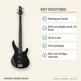Yamaha TRBX174 4-String Electric Bass Guitar Black key features mahogany body bolt-on maple neck 24 frets 34 in scale two pickups die-cast bridge chrome